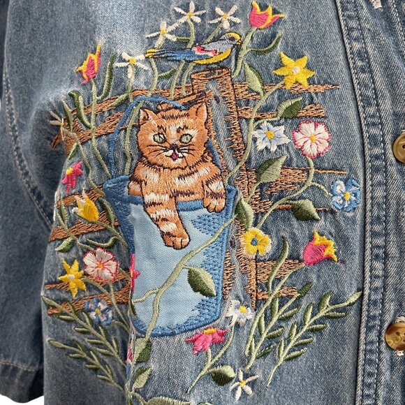 Vintage Cat Embroidered Denim Shirt Cottagecore Coquette Whimsical Floral - Picture 7 of 12